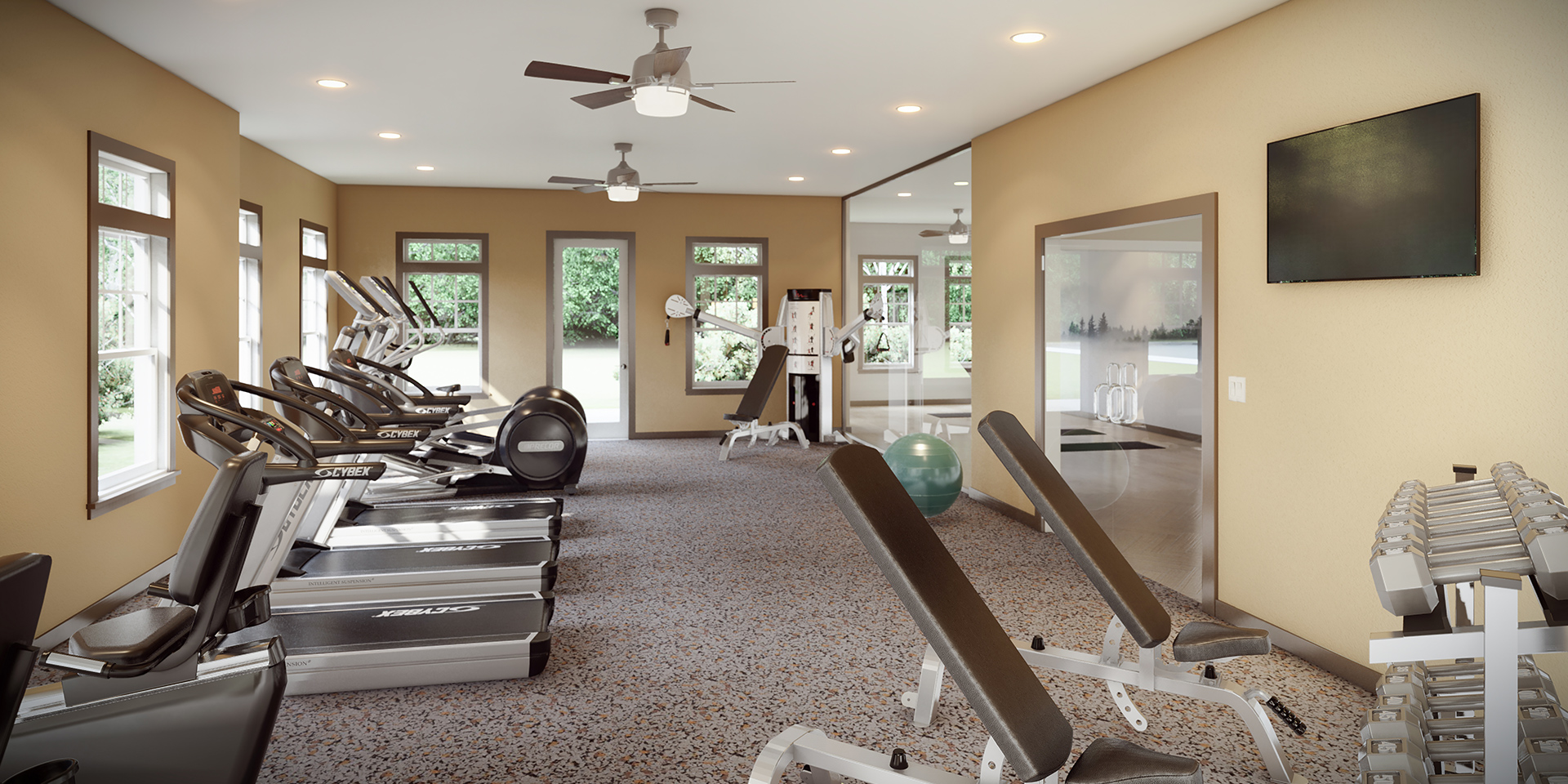 With health in mind The Vistas of Port Jefferson features a state-of-the-art fitness center in addition to multiple walking and biking trails., as well as a full service Yoga studio. 