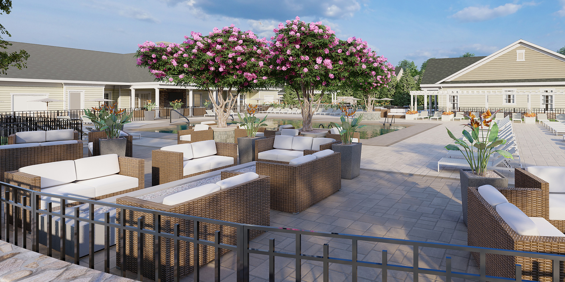 The Grand Patio is the ultimate destination for residents, equipped with comfortable lounge chairs, shaded sitting areas, a resort-style heated pool, Poolside bar, outdoor TV, grilling stations, and a firepit.
